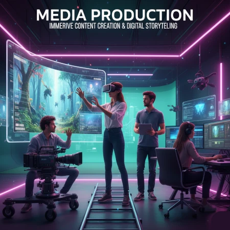Professional media production with AR VR technologies creating immersive content and interactive experiences