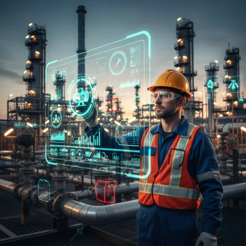 Augmented Reality technology enhancing chemical oil gas field operations with real-time data overlay and process monitoring