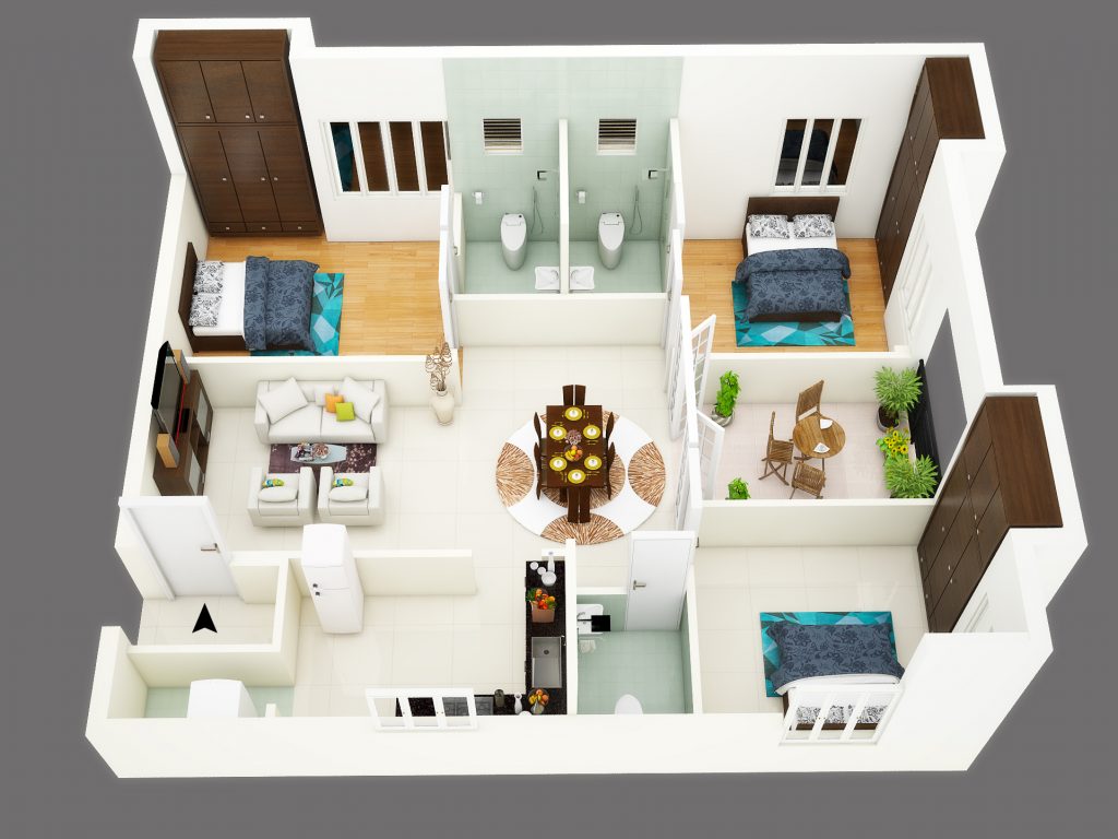 3D interior and exterior render of a modern living room
